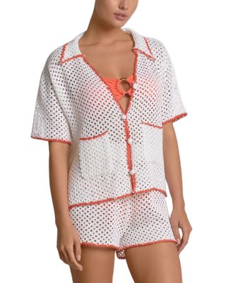 Contrast Button Front Swim Cover Up Shirt