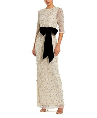  Beaded Mesh 3/4 Sleeve Column Gown With Bow Belt