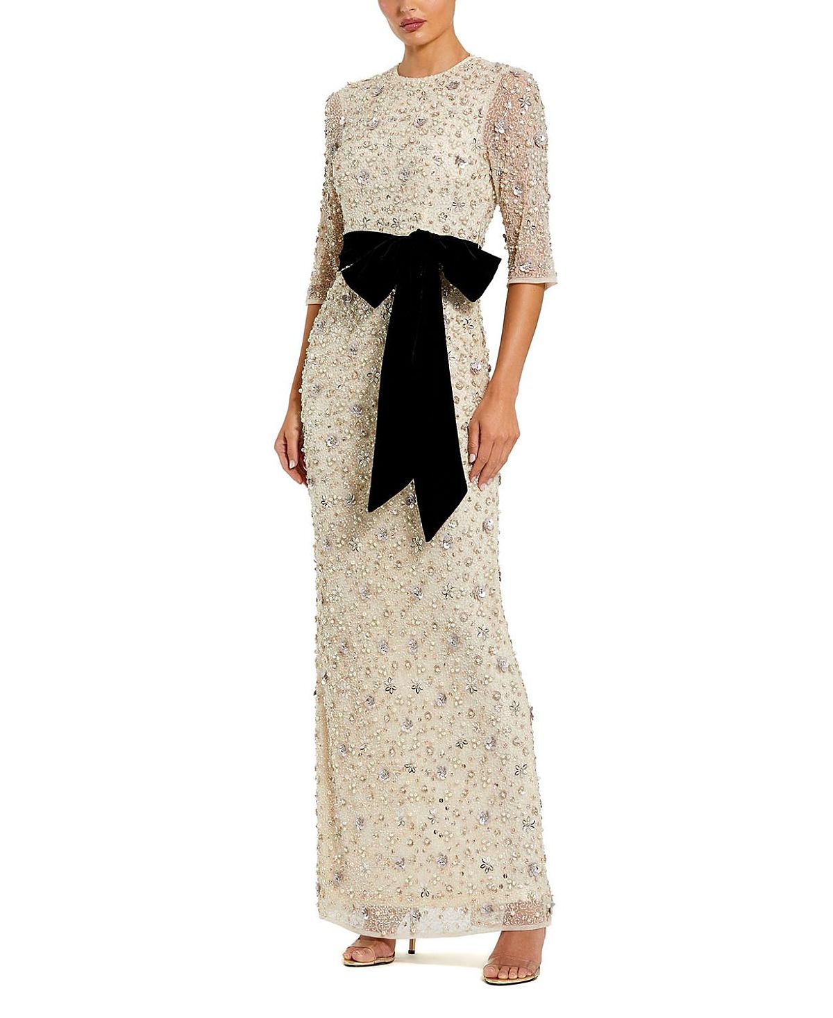 Mac Duggal Beaded Mesh 3/4 Sleeve Column Gown with Bow Belt