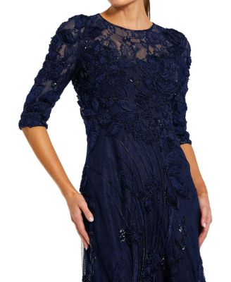  3/4 Sleeve High Neck Embroidered A-Line Gown