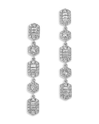Diamond Round & Baguette Cluster Linear Drop Earrings in 14K White Gold, 0.94 tcw