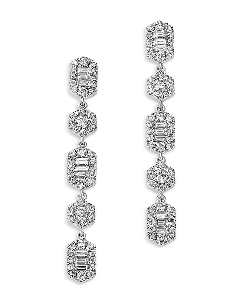 Bloomingdale's Fine Collection Diamond Round & Baguette Cluster Linear Drop Earrings In 14k White Gold, 0.94 Tcw In Metallic
