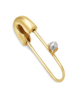 14K Yellow Gold Baroque & White Pearls Cultured Freshwater Pearl Safety Pin Single Hoop Earring