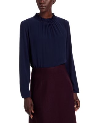 Silk Gathered Neck Long Sleeve Top