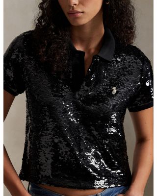 Sequined Mesh Crop Polo Shirt