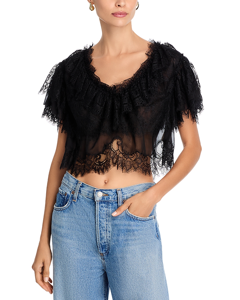 Loveshackfancy Vienne Lace Cropped Top In Black