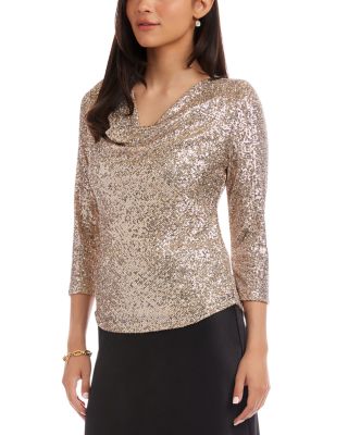 Three Quarter Sleeve Drape Front Sequin Top
