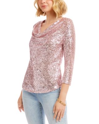 Three Quarter Sleeve Drape Front Sequin Top
