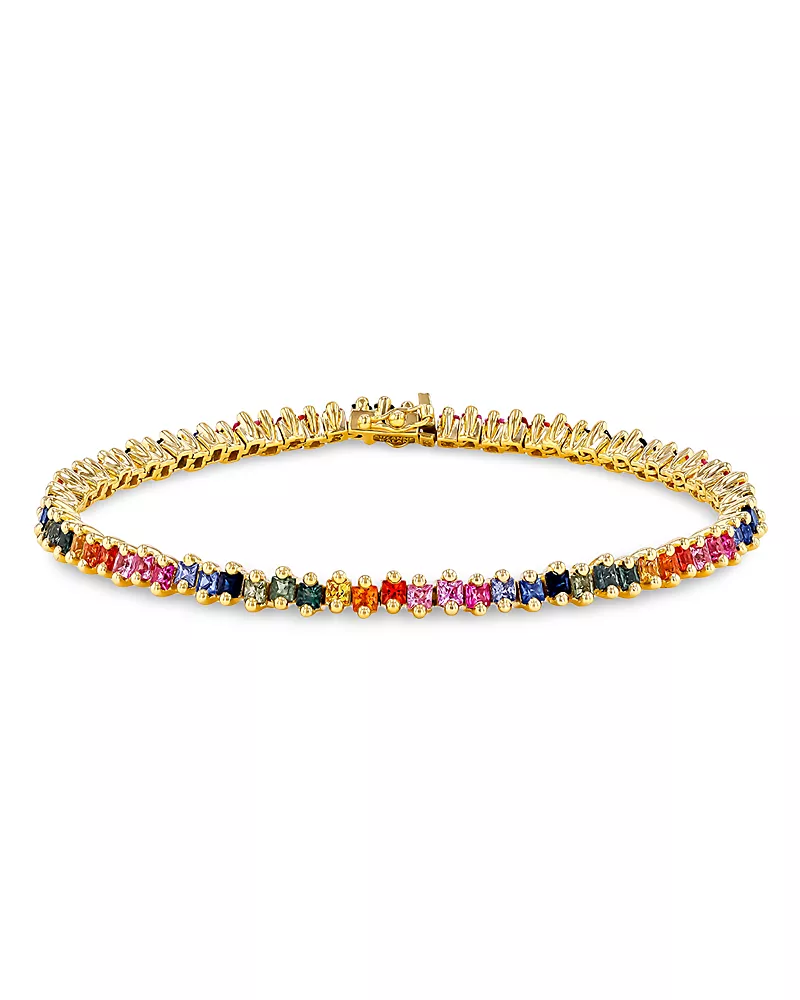 Suzanne Kalan 18K Yellow Gold Rainbow Sapphire Princess Tennis Bracelet