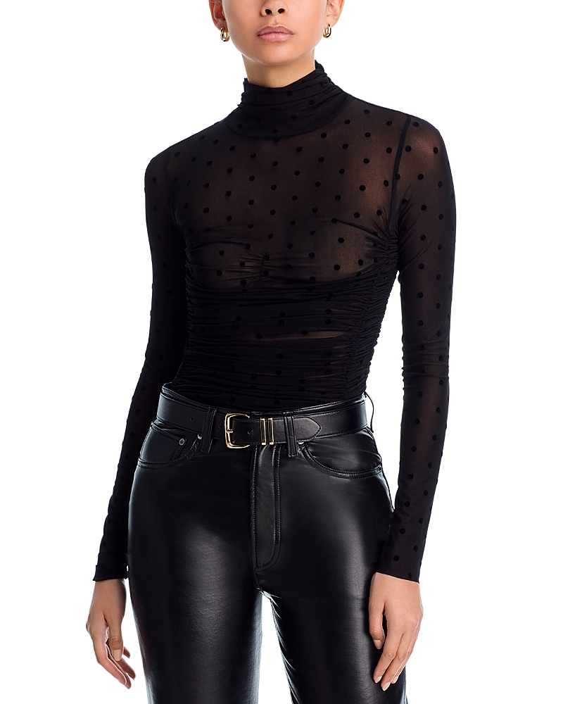 Aqua Polka Dot Mesh Mock Neck Bodysuit - Exclusive In Black