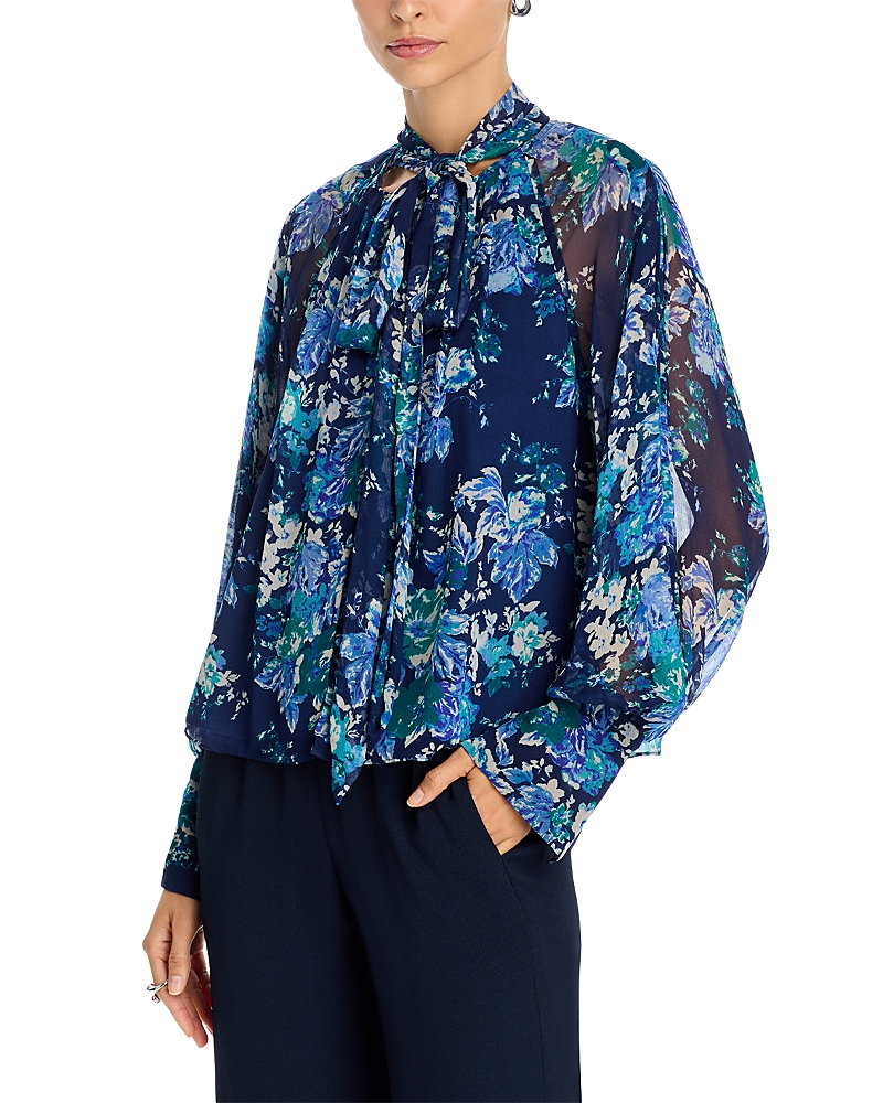 Derek Lam 10 Crosby Aderyn Tapestry Print Tie Neck Blouse In Blue