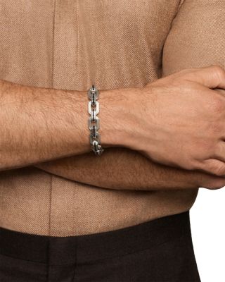 Men&#39;s Faceted Flat Link Bracelet in Sterling Silver with Black Diamonds, 11mm