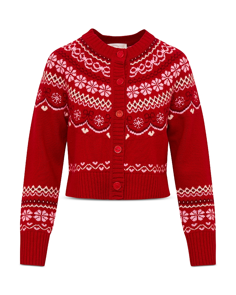 Loveshackfancy Shantae Merino Wool Crewneck Fair Isle Cardigan Sweater In Red