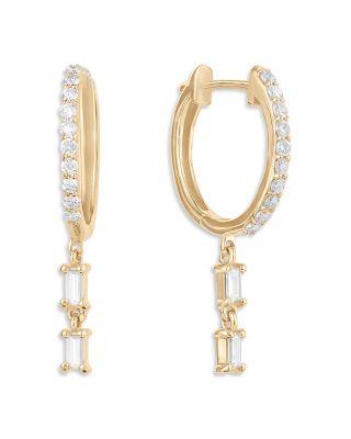 Diamond Baguette Charm Pav&eacute; Huggie Hoop Earrings in 14K Yellow Gold, 0.21 tcw
