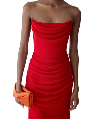 Strapless Draped Midi Silk Dress