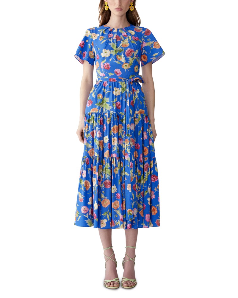 Carolina Herrera Printed Tiered Midi Dress in Bluebell Multi