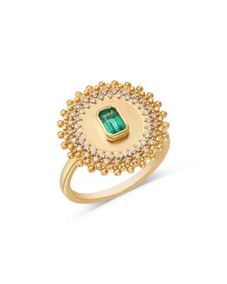 Emerald & Diamond Circle Statement Ring in 14K Yellow Gold