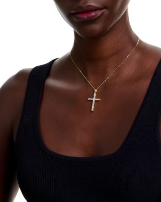 Blue Topaz Cross Pendant Necklace in 14K Yellow Gold, 16-18"
