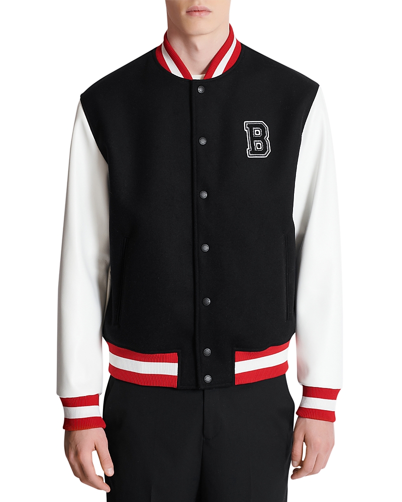 Balmain Wool And Eco-leather Varsity Jacket With Patch In Black