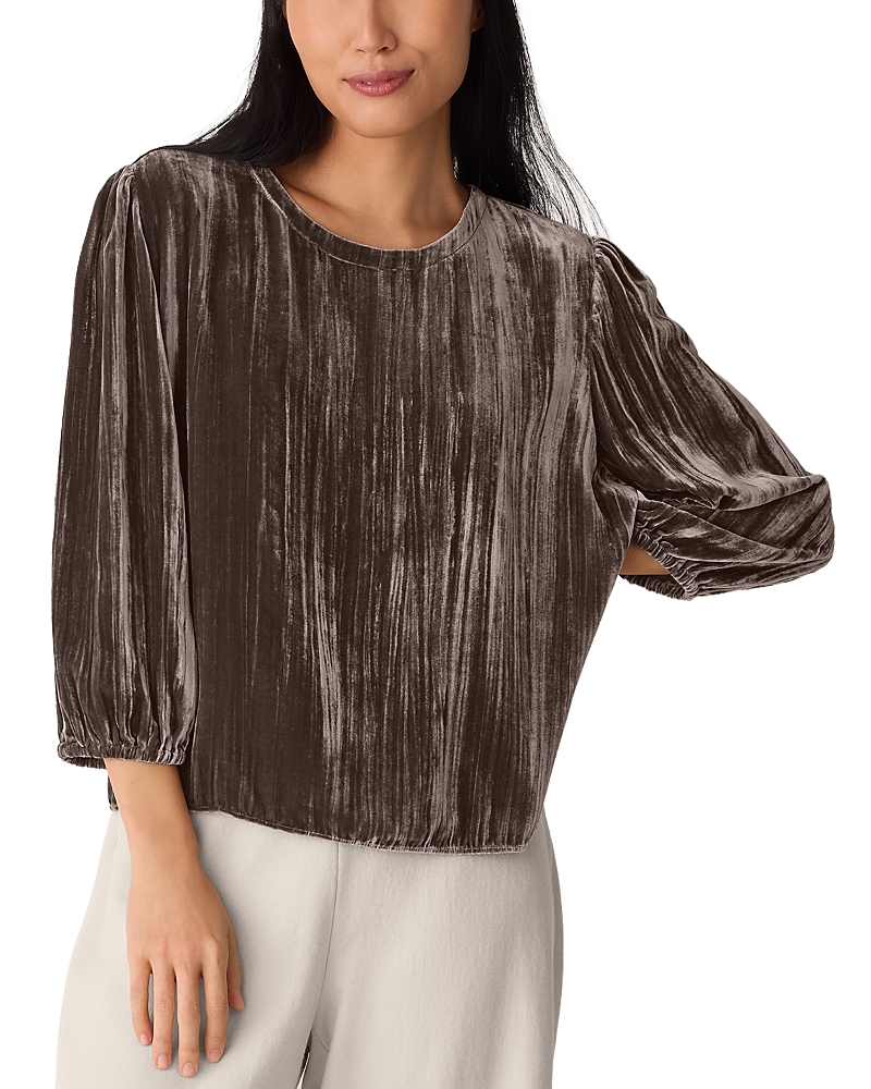Eileen Fisher Crushed Velvet Round Neck Bubble Sleeve Top In Brown