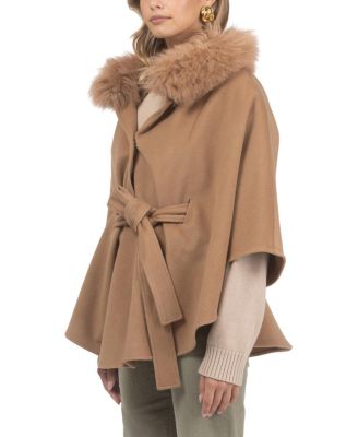 Wool Belted Cape with Lamb Collar