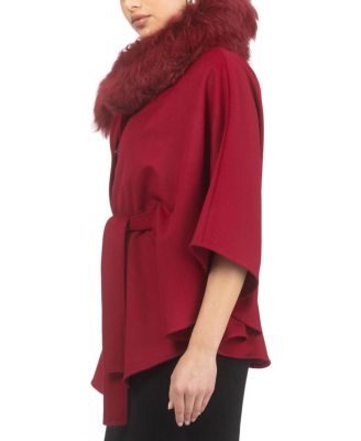 Wool Belted Cape with Lamb Collar