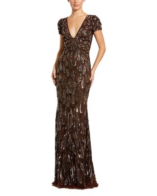  Embellished V-Neck Cap Sleeve Column Gown