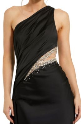  One Shoulder Charmeuse Gown with Beaded Cutout