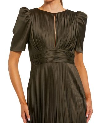  Pleated Charmeuse Puff Sleeve Gown with Slit