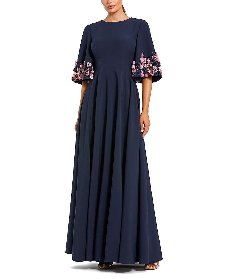 Mac Duggal Stretch Satin 3/4 Sleeve Gown with Flower Trim