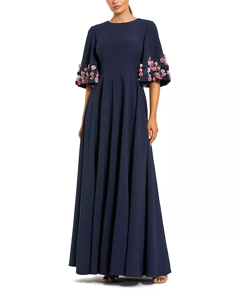 Mac Duggal Stretch Satin 3/4 Sleeve Gown with Flower Trim