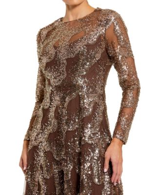  Embellished Mesh Long Sleeve High Neck Gown
