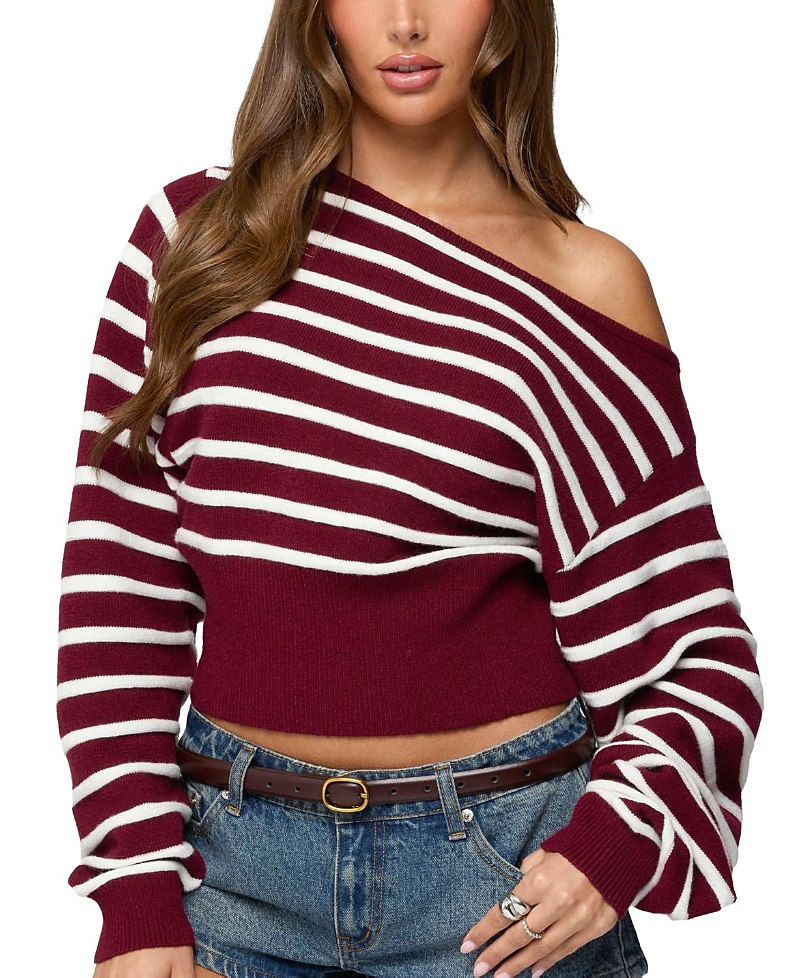 Edikted Mika Stripe Oversize Off The Shoulder Sweater In Red