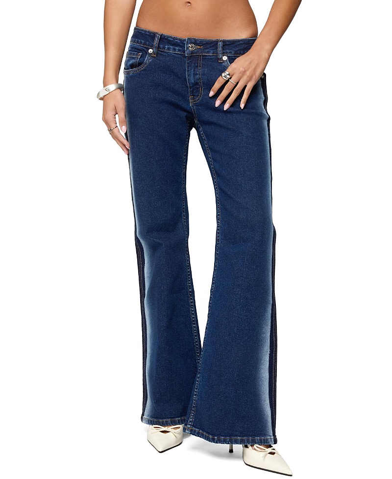 Edikted Airbrushed Low Rise Flared Dark Rinse Wash Jeans In Blue