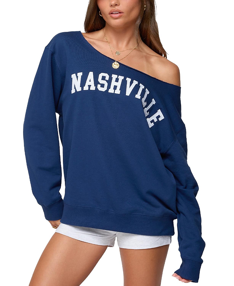 Edikted Nashville Oversized Wide Neck Sweatshirt In Blue