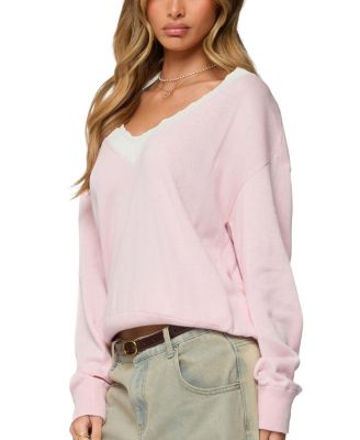  Marie Contrast Lacey V Neck Sweater