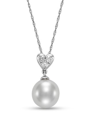 Freshwater Pearl & Diamond Heart Pendant Necklace in 14K White Gold, 16-18"