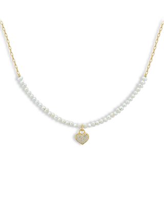 Pav&eacute; Heart Cultured Freshwater Pearl Beaded Pendant Necklace, 16"-18" - Exclusive
