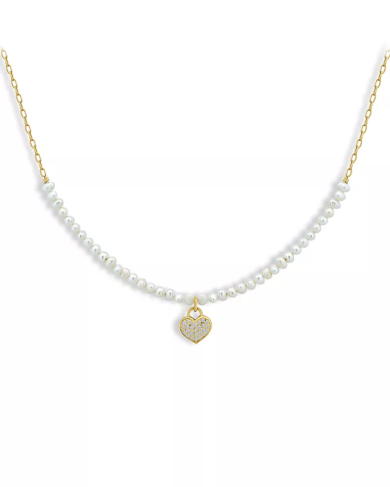 Aqua Pave Heart Cultured Freshwater Pearl Beaded Pendant Necklace, 16-18 - Exclusive