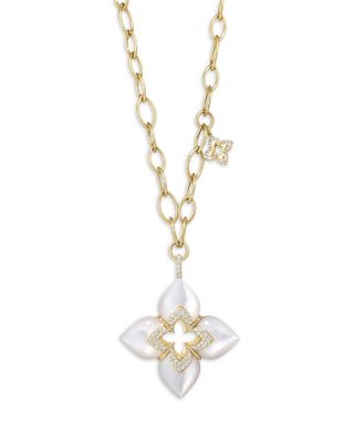 18K Yellow Gold Venetian Princess Cabochon Mother of Pearl & Diamond Flower Pendant Necklace, 17"