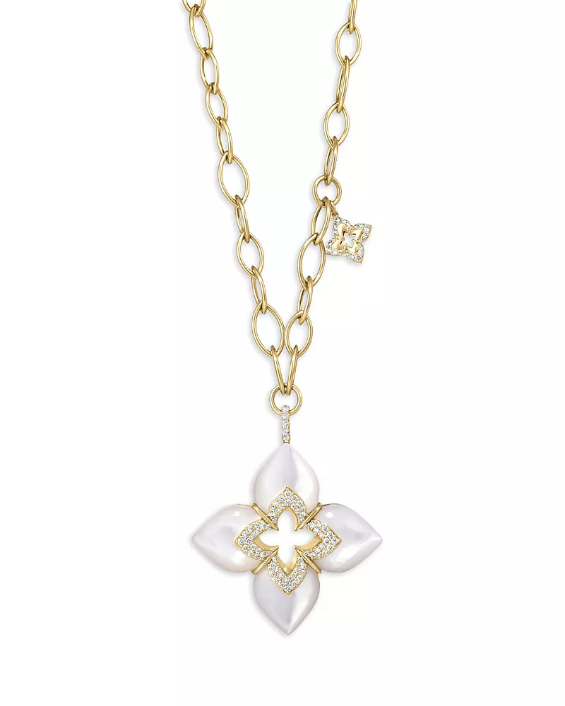 Roberto Coin 18K Yellow Gold Venetian Princess Cabochon Mother of Pearl & Diamond Flower Pendant Necklace, 17