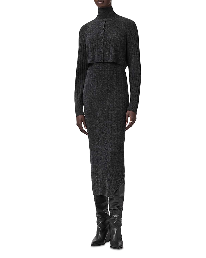 Allsaints Womens Charcoal Grey Sabine High-neck Stretch-knit Midi Dress In Gray