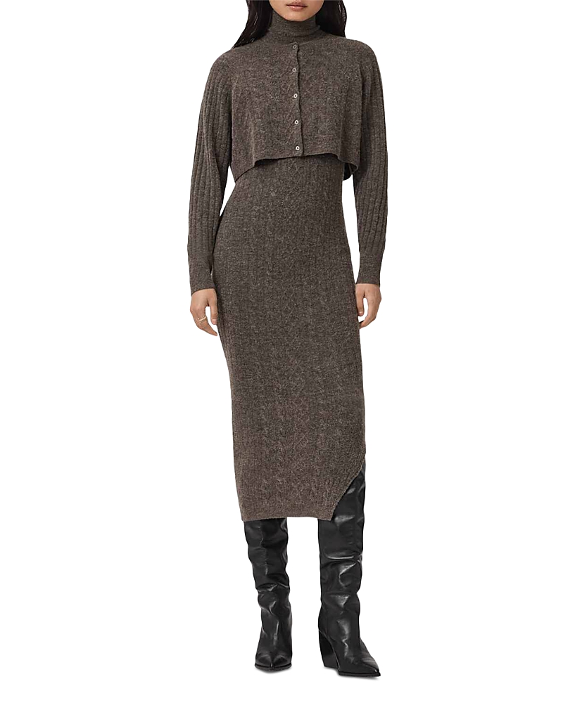 Allsaints Womens Fawn Brown Sabine High-neck Stretch-knit Midi Dress In Gray