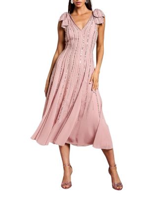 Bow Shoulder Embellished Midi Dress