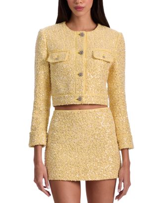 Alice and Olivia Lorie Long Sleeve Embellished Tweed Jacket