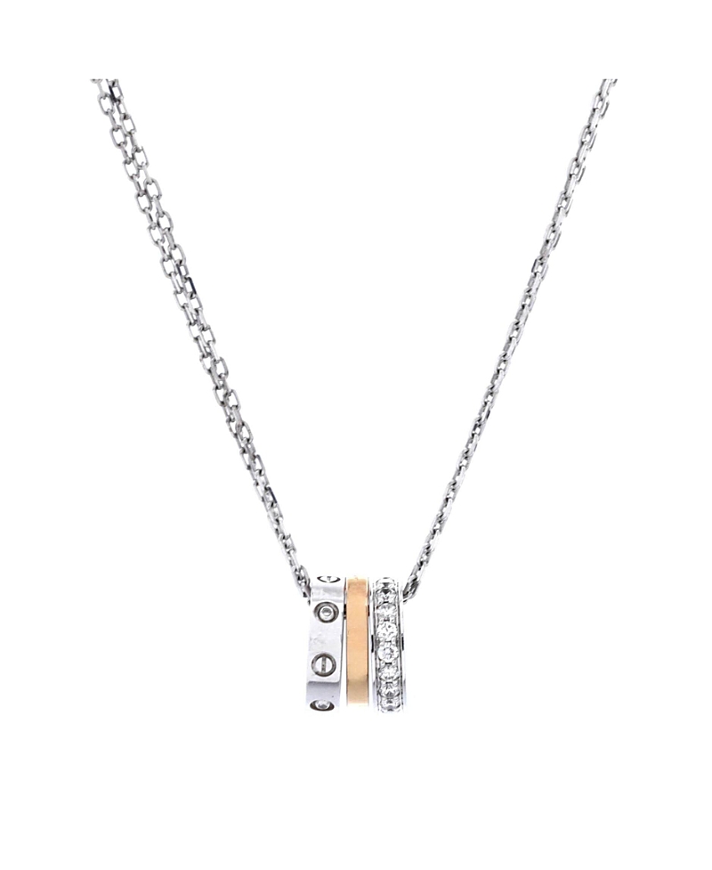 Click to view more detailed imagery on our partner's website Pre-owned Pre-owned Cartier Cartier Love 3 Ring Pendant Necklace 18k Rose Gold And 18k White Gold With Diamonds, 14.75 In Multi