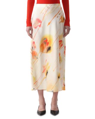Washed Satin Watercolor Floral Bias Slip Pencil Midi Skirt