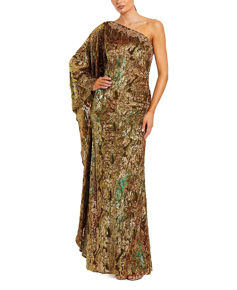 Mac Duggal Metallic Burnout Velvet One-shoulder Gown With Draped Sleeve In Multi