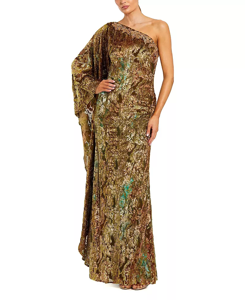 Mac Duggal One Shoulder Metallic Burnout Velvet Evening Gown