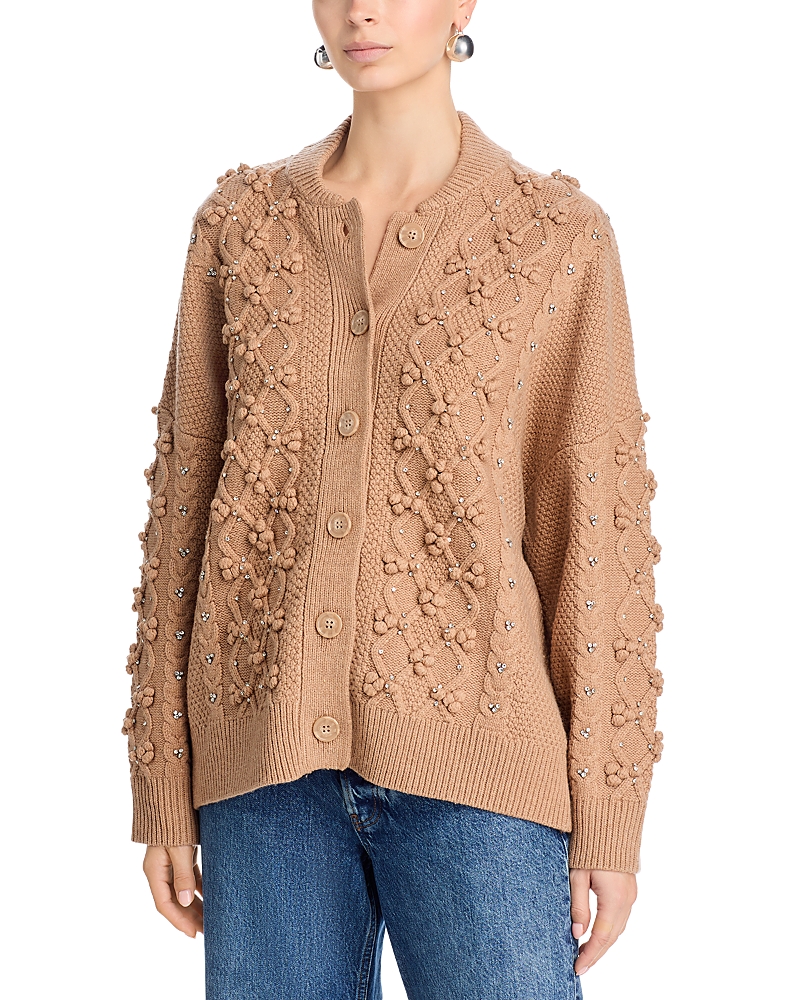 Essentiel Antwerp Cable Knit Cardigan With Rhinestone Embellishments In Nude